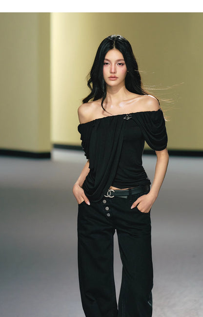 "Midnight Bloom" Black Lyocell Off-Shoulder Ruched Top