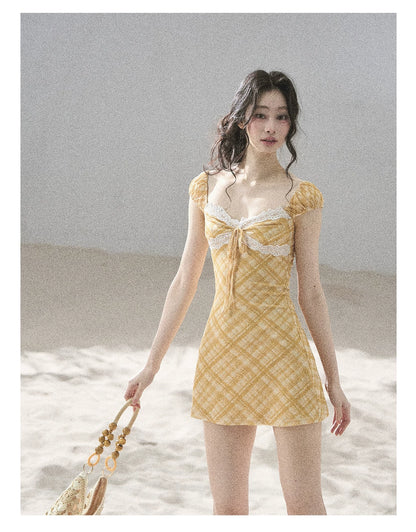 "Golden Wheat Whisper" Goose Yellow Lace Diamond Mini Dress