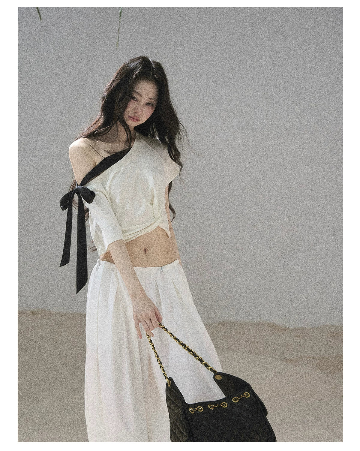 "Moonlight Upon Her" Creamy Apricot Off-Shoulder Twist Cropped T-Shirt