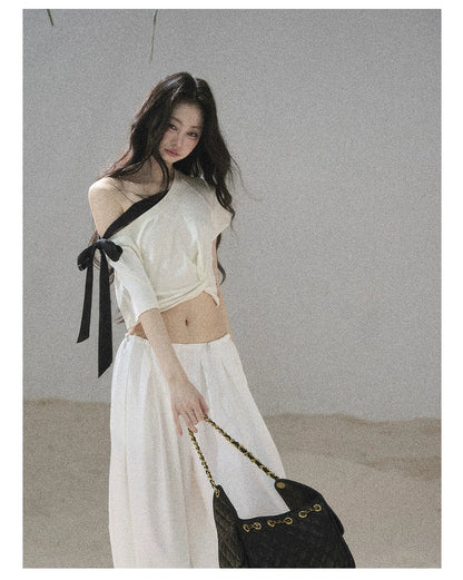 "Moonlight Upon Her" Creamy Apricot Off-Shoulder Twist Cropped T-Shirt