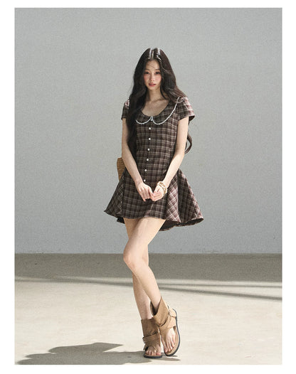 "The Camphor Tree in Late May" Chestnut Brown Plaid Peter Pan Collar Babydoll Mini Dress
