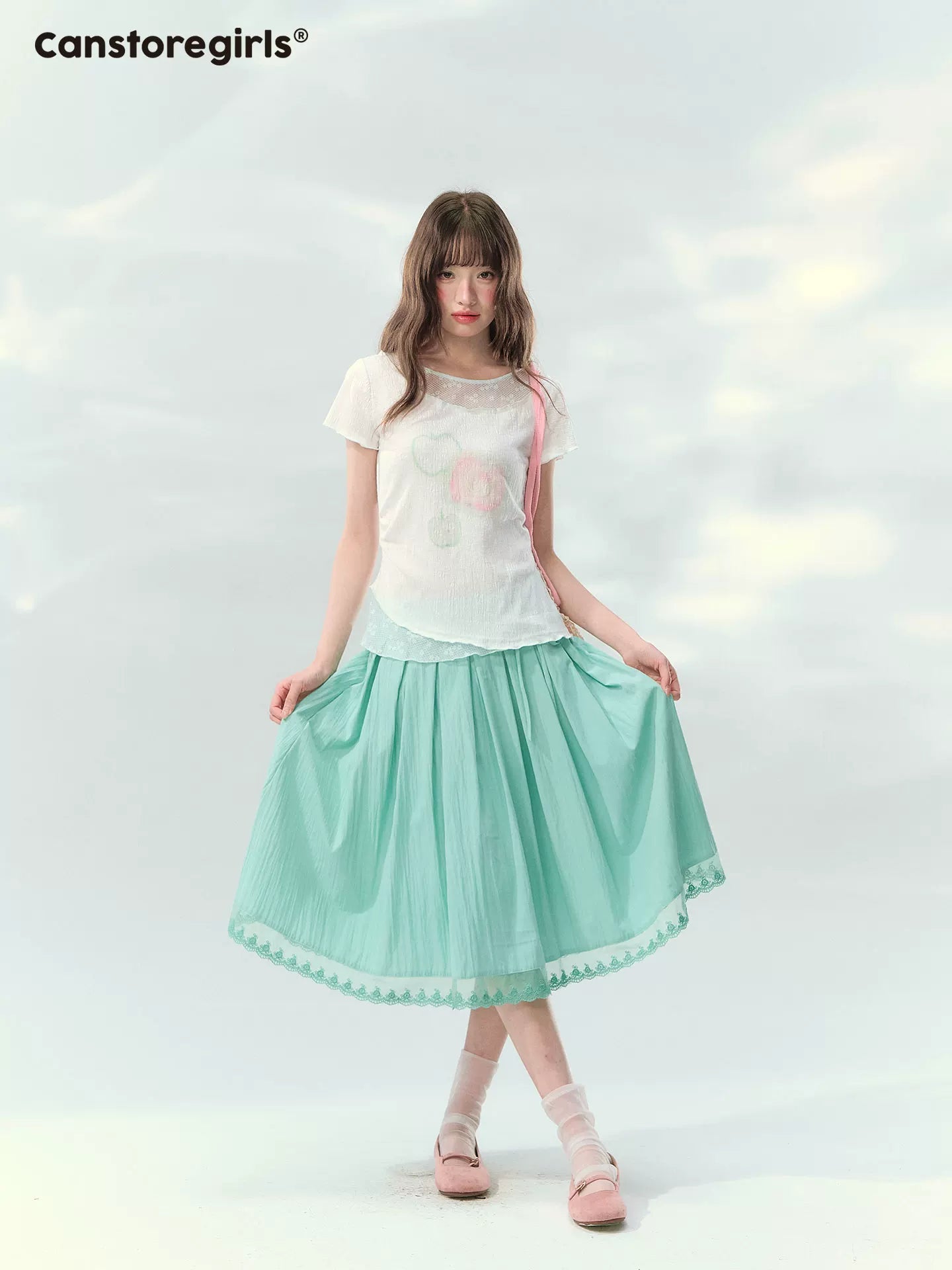 “Mint Waltz” Mint Green Lace Trim Pleated Midi Skirt