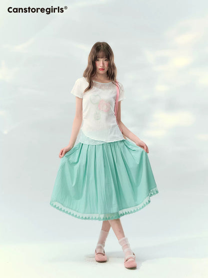 “Mint Waltz” Mint Green Lace Trim Pleated Midi Skirt