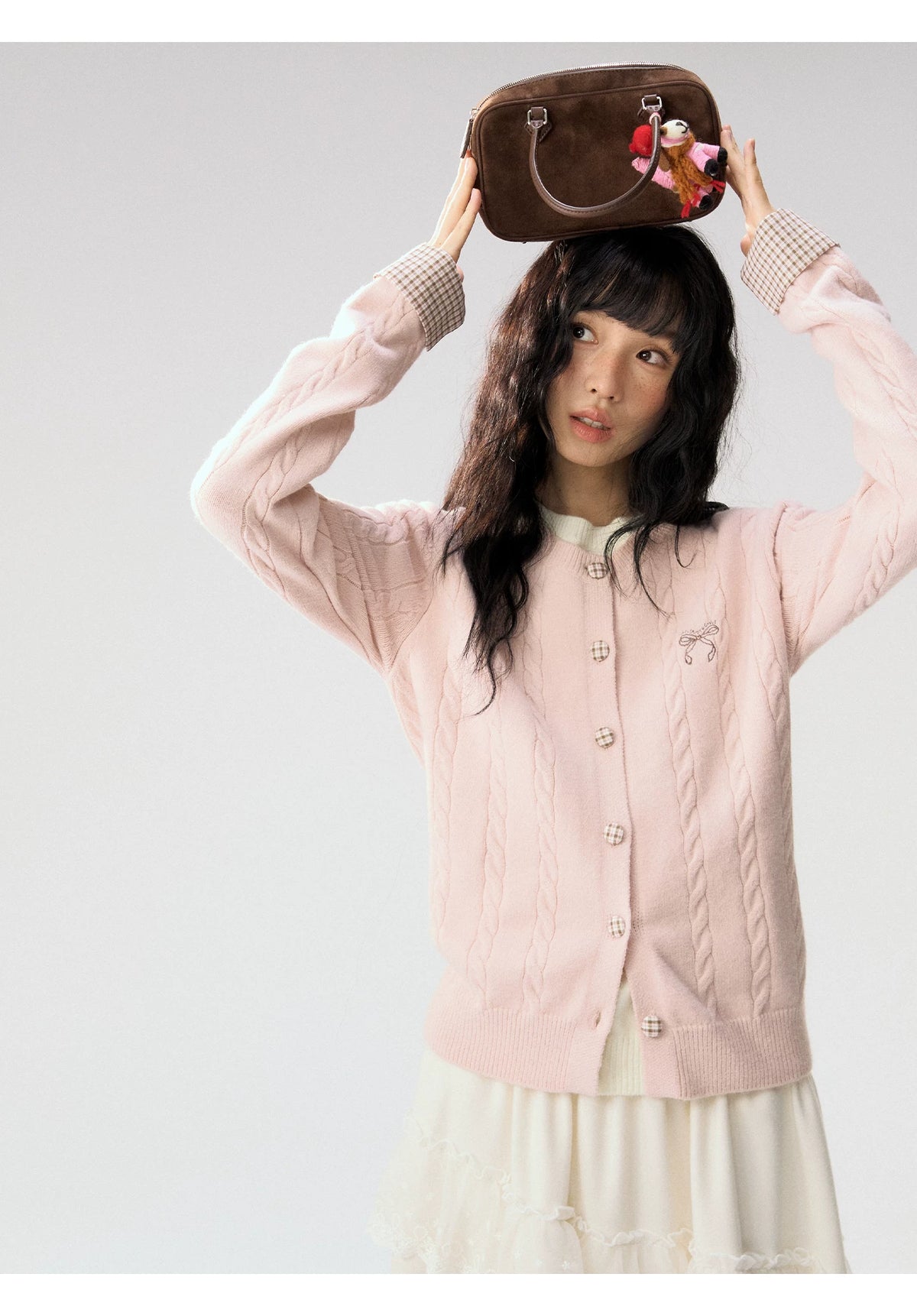 [CAN] "Autumn Letter" Bow Embroidered Faux-Layered Cable Knit Cardigan (Pink & White / Sage Green & Brown)