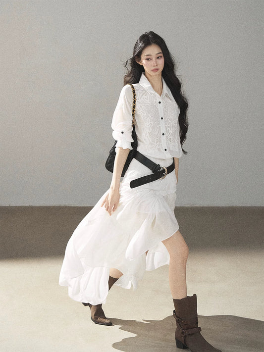 AOMALM - “Her Hemline” White Lace Shirt Dress with Belt