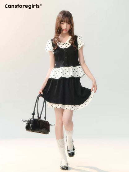 "Black Tea & Cream" Polka Dot Two-Piece Skirt Set SH2026202