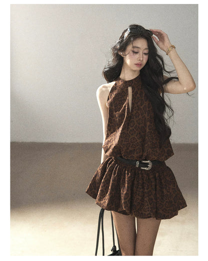 AOMALM - Merlot Leopard Print Bubble Sleeve Dress with Vintage Belt