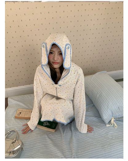 “Snow Bunny Reverie” Ivory Rabbit Ear Hoodie & Floral Pleated Mini Skirt