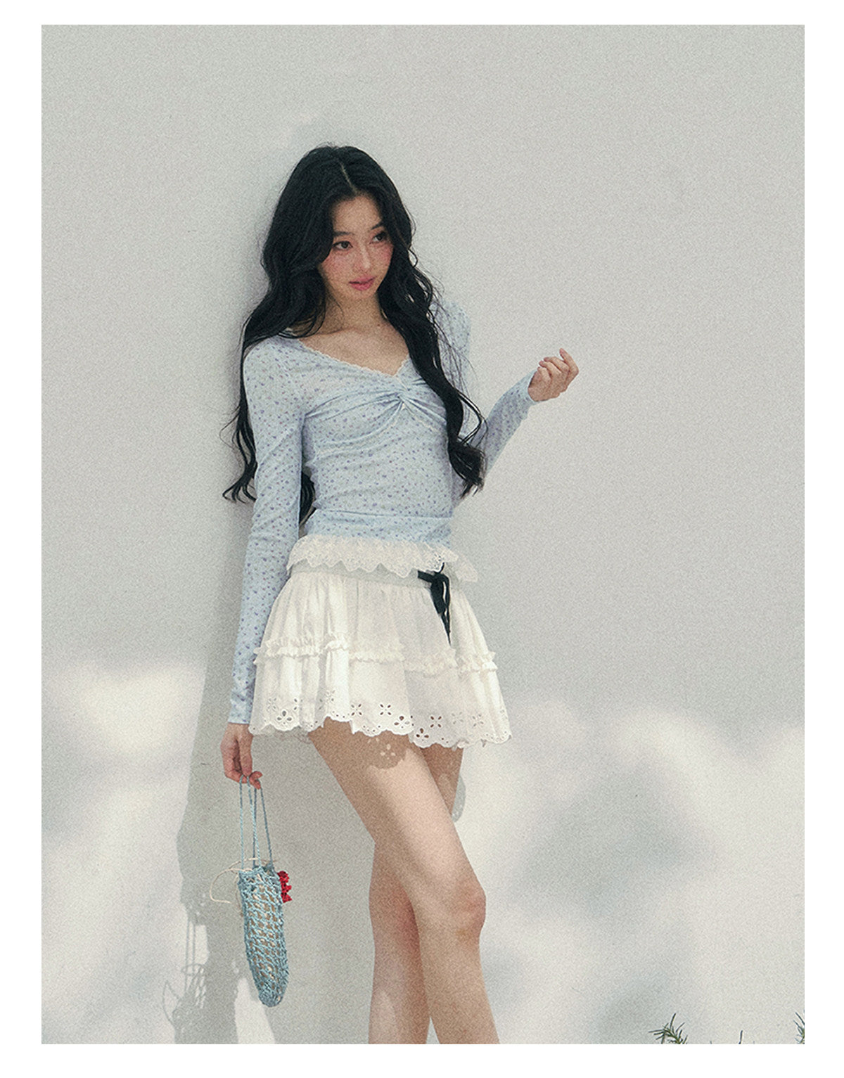 少也眼 "Heartbeat Pause" Baby Blue Back Lace Cut-Out Top 53685634