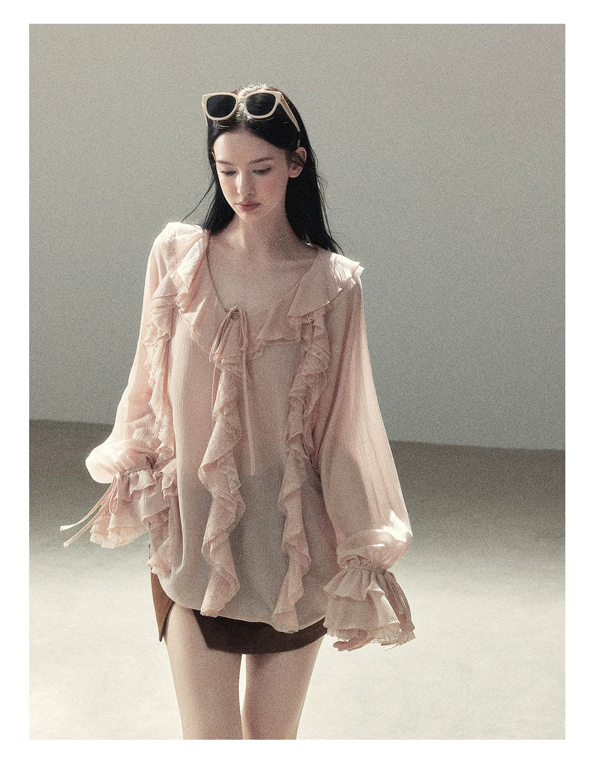 AOMALM - "A Featherlight Touch" French Camellia White Lace Chiffon Top with Belt (Camellia / Oatmeal / Cinnamon Pink)