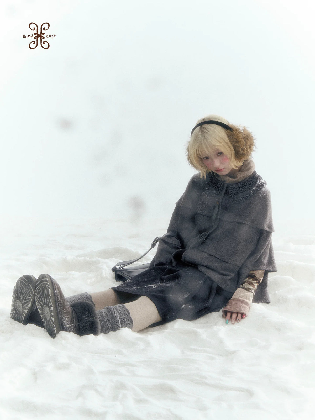 Horridale - Warm Charcoal Gray Knit Cape Poncho with Ruffle Collar