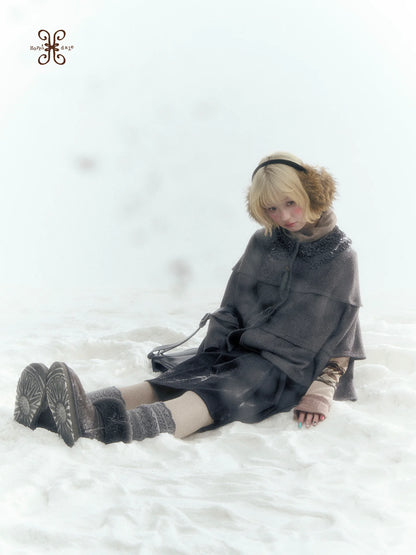 Horridale - Warm Charcoal Gray Knit Cape Poncho with Ruffle Collar