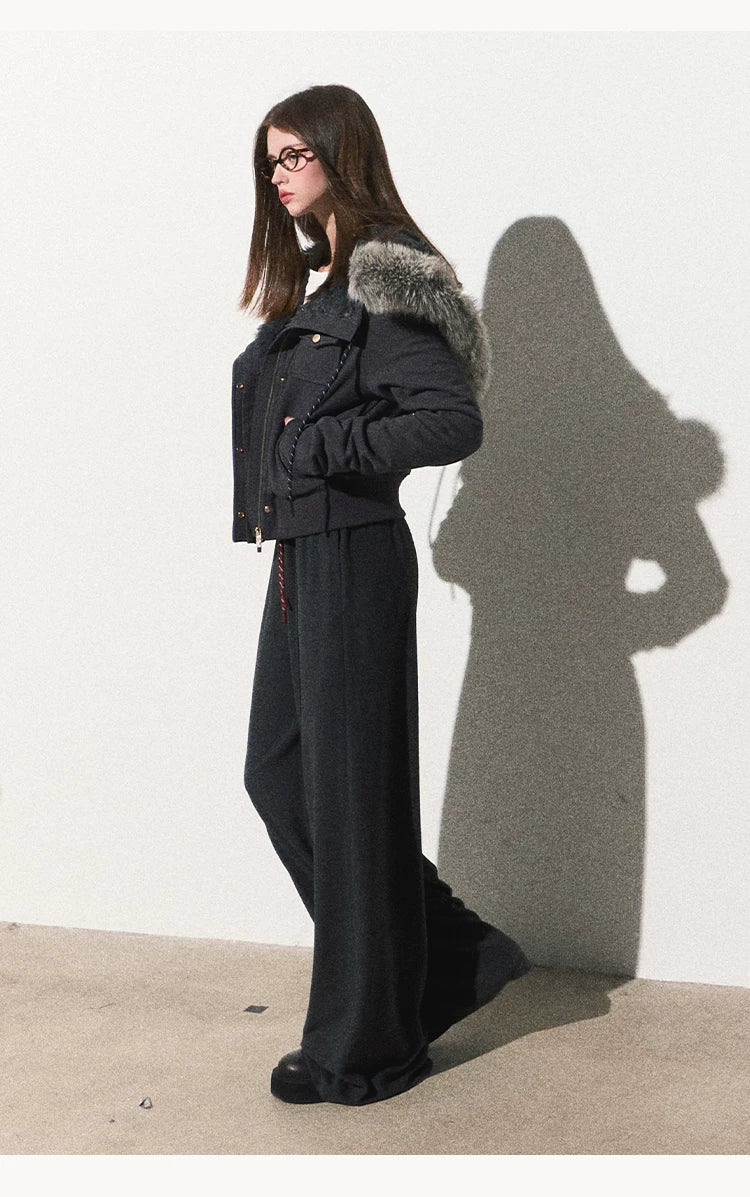 OAKMOO/ "Energy & Freedom" Mocha Gray Fur-Collar Cropped Hoodie Jacket