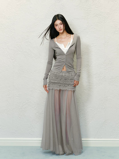 "Soft Horizon" Gray Mesh Panel Bodycon Maxi Skirt