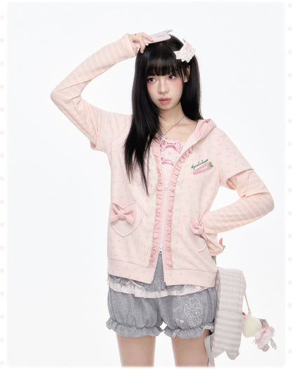 KYOUKO - Pink Hooded Zip-Up Jacket & Gray Ruffle Pants Set