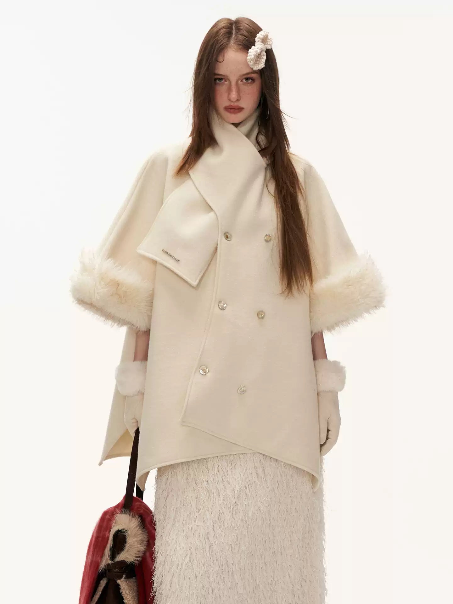MAMC - White Scarf-Trim Faux Fur Cape Jacket WE889