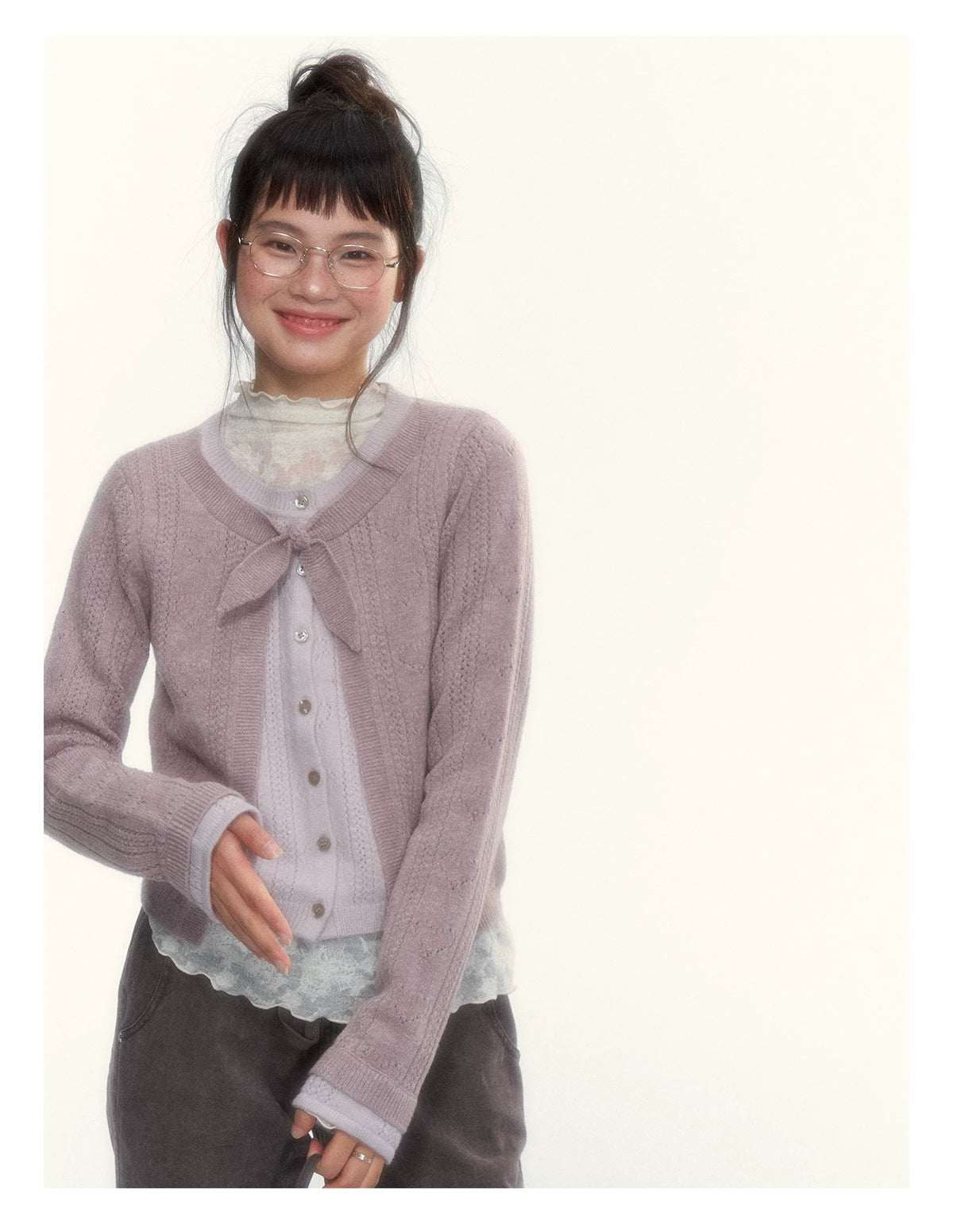 Korean Contrast Bow-Tie Layered Knit Cardigan (Blue / Purple)