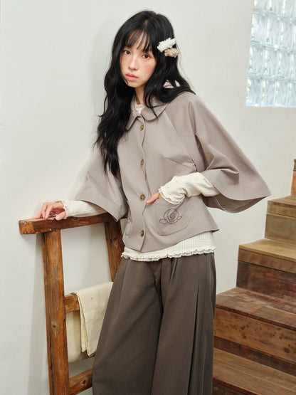 DAILY ARTIST - Taupe Brown Rose Embroidered Cape-Sleeve Jacket