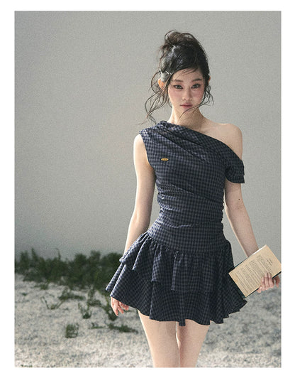 "Moonlit Bellflower Reverie" Navy Plaid One-Shoulder Mini Dress 567474