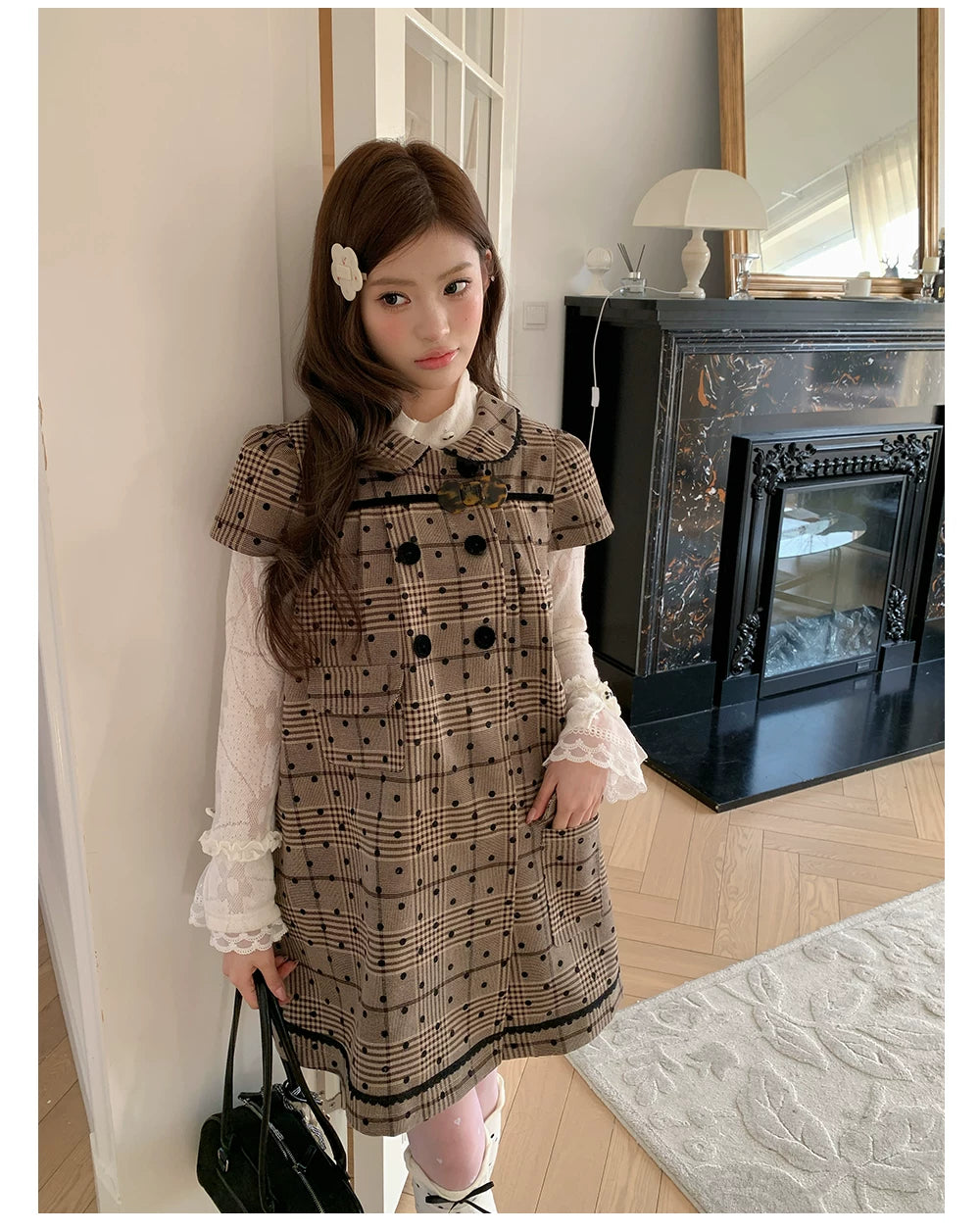 “Hazel Rococo Reverie” Khaki Plaid Polka Dot Dress