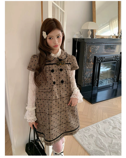 “Hazel Rococo Reverie” Khaki Plaid Polka Dot Dress