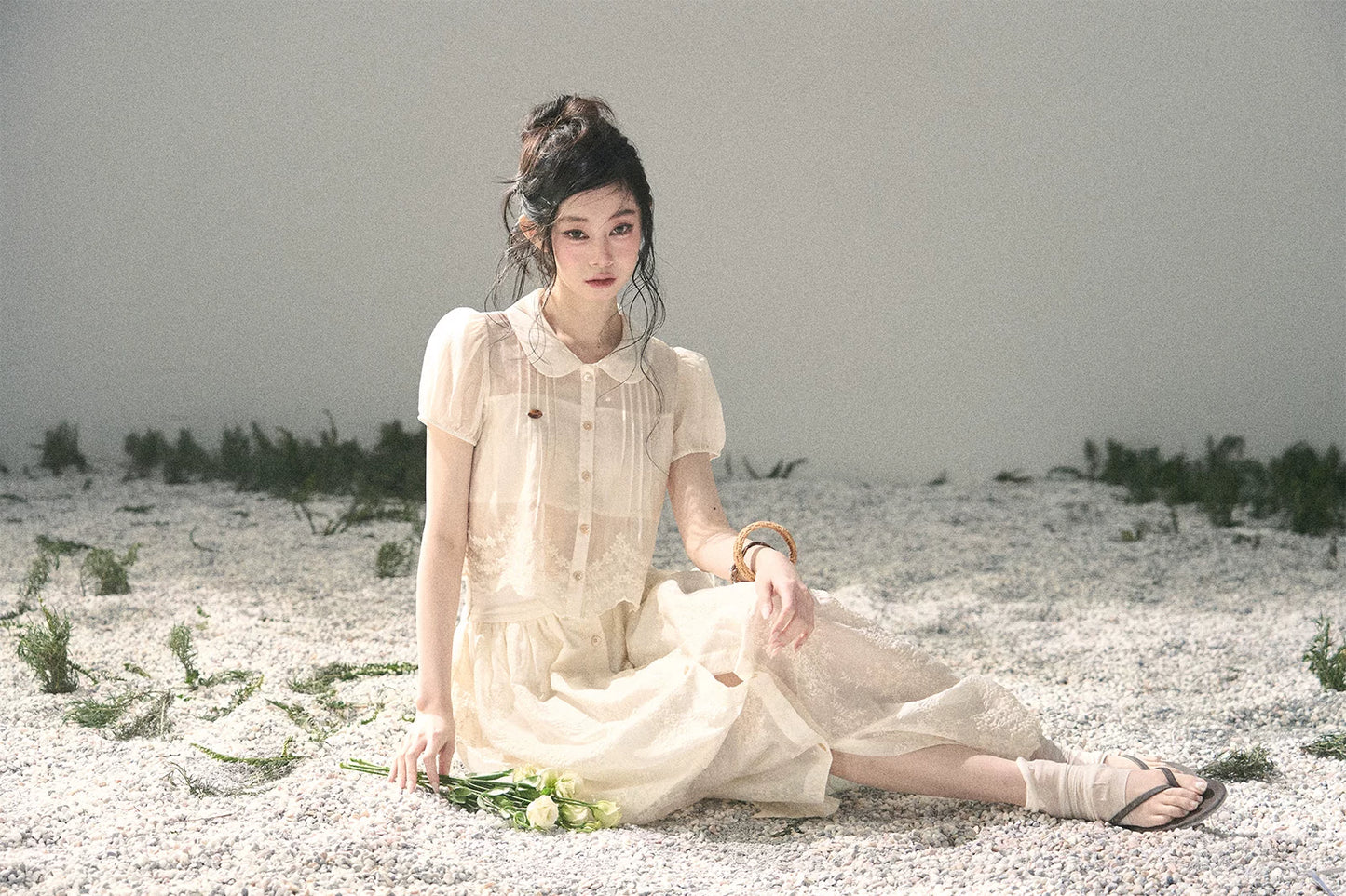 "Apricot Blossom After Rain" Dutch Cheese Lace Blouse & Maxi Skirt Set 532453