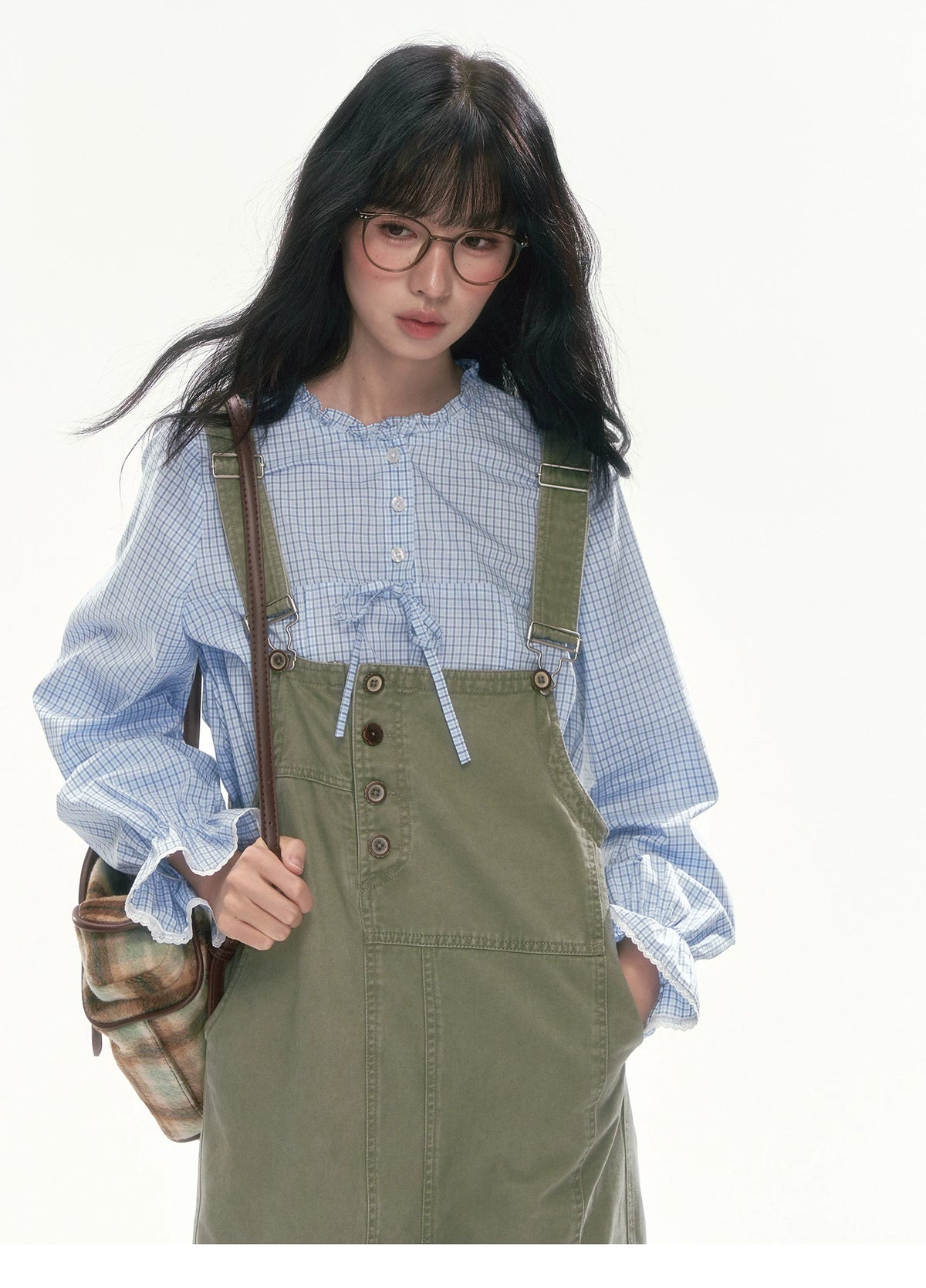 [CAN] Blue Plaid Lace-Trim Bow Tie Blouse