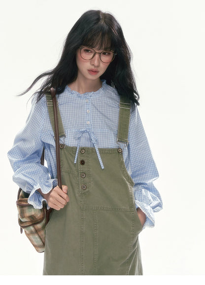 [CAN] Blue Plaid Lace-Trim Bow Tie Blouse