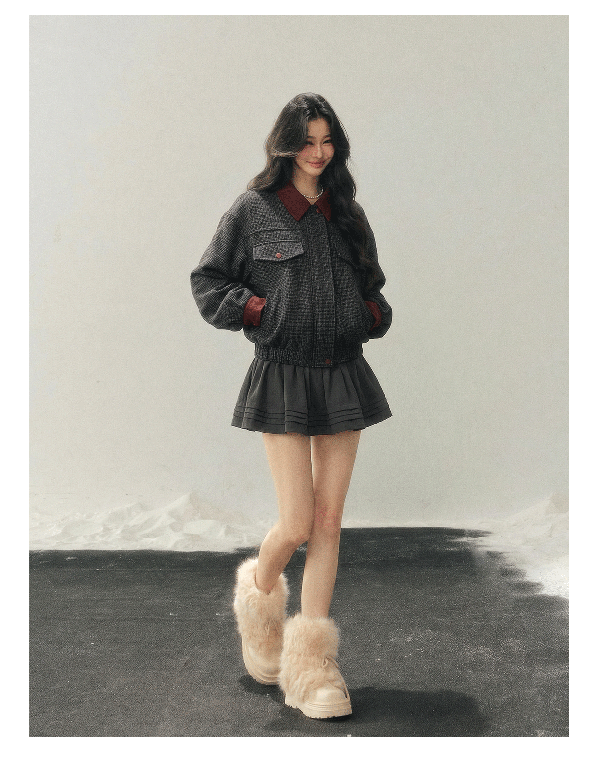 少也眼 "Falling Wutong Leaves" Hepburn Wool Tweed Two-Piece Set - Gray