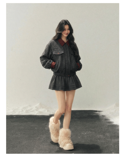 少也眼 "Falling Wutong Leaves" Hepburn Wool Tweed Two-Piece Set - Gray