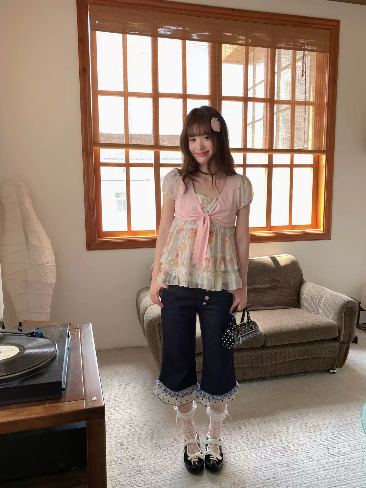 [RF] “Brown Sugar Milk Foam” Blue Vintage Patchwork Faux Two-Piece Cropped Jeans