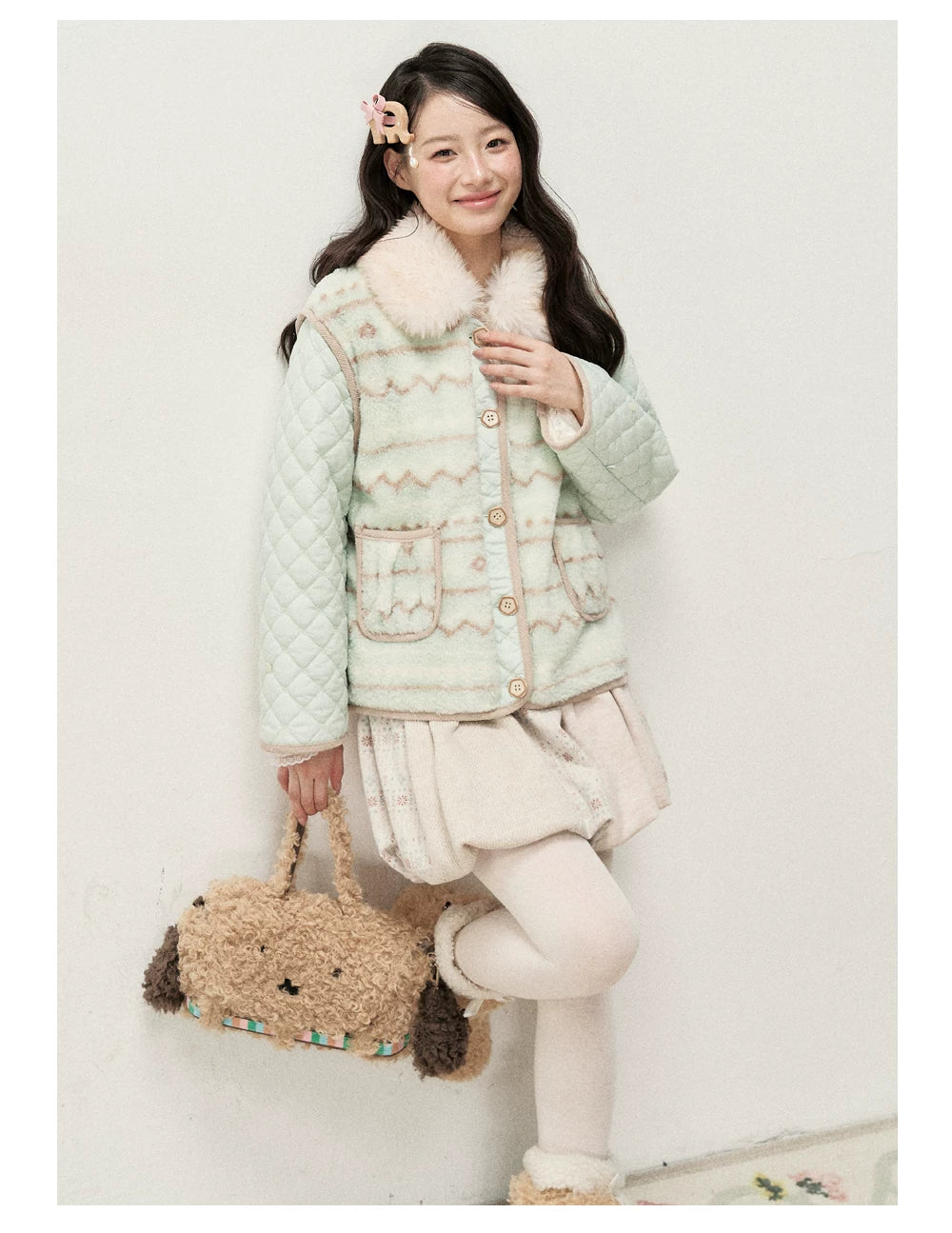 RF - Mint Green and Light Brown Fair Isle Quilted Faux Fur Vest Jacket
