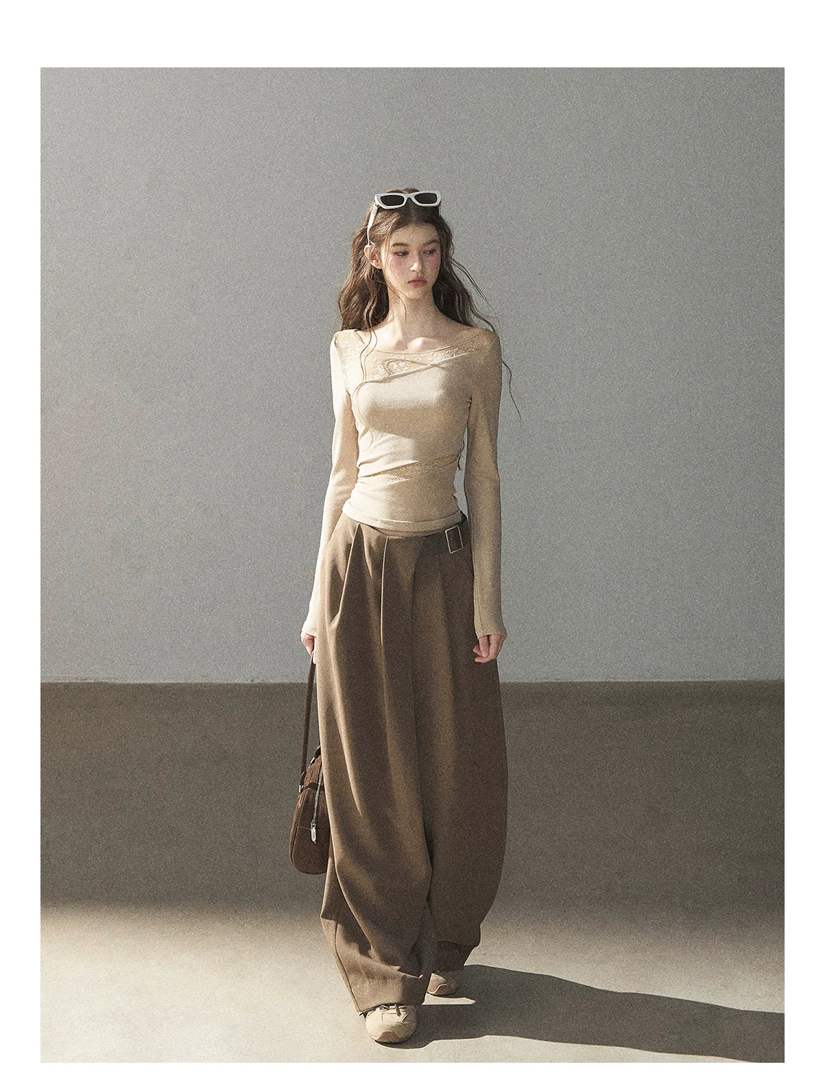 AOMALM - "A Touch of Autumn" Loose Relaxed Balloon Wide-Leg Pants With Belt (Dusty Taupe Brown / Quiet Black)