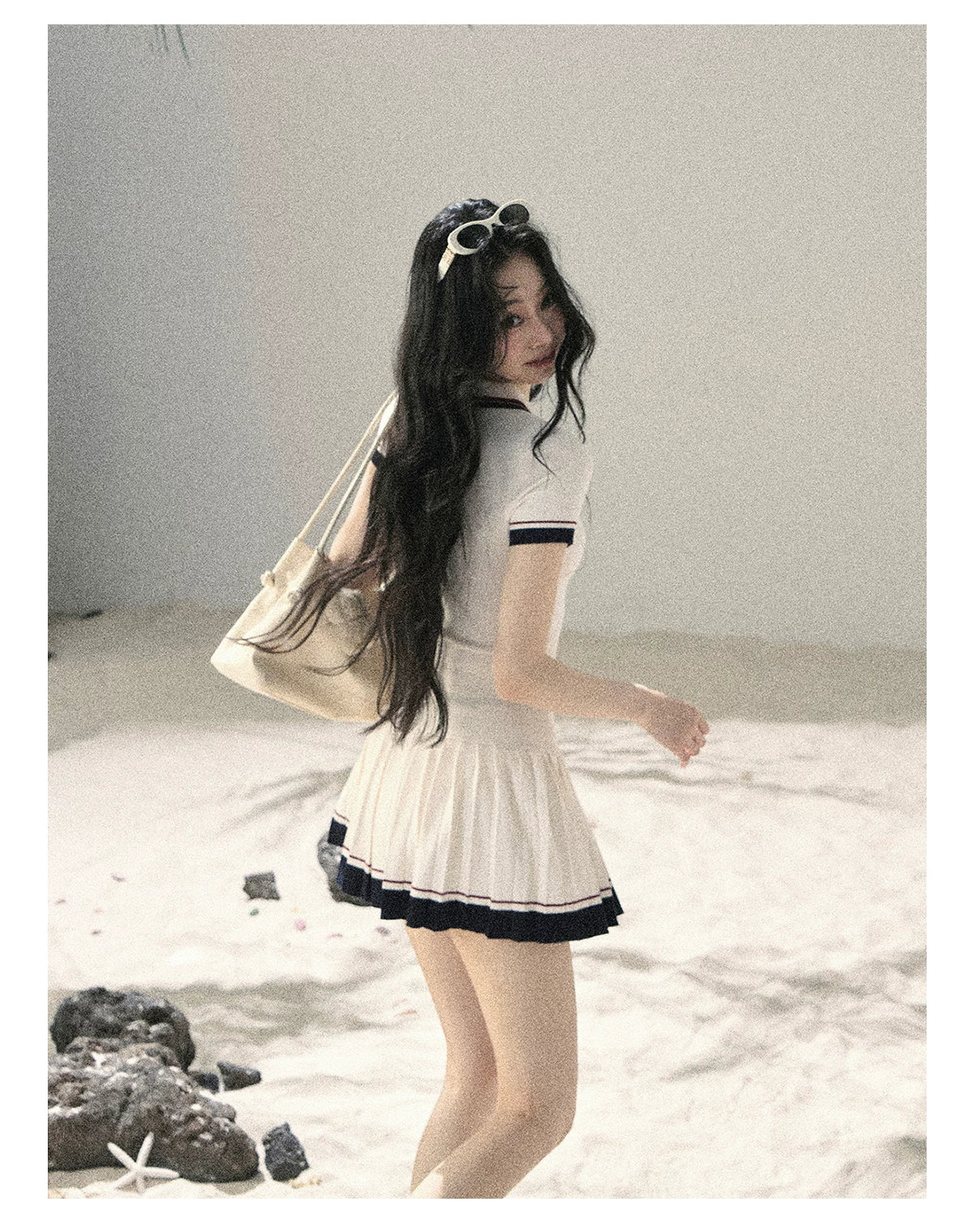 "Moonlight in Pieces" Cloud White Ribbed Knit Top & Pleated Mini Skirt Two-Piece Set