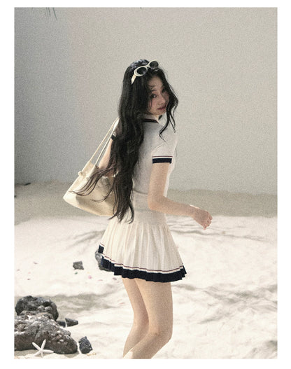 "Moonlight in Pieces" Cloud White Ribbed Knit Top & Pleated Mini Skirt Two-Piece Set