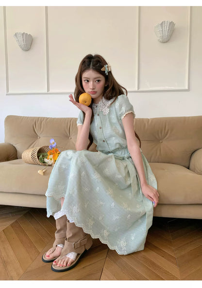 “Sage Meadow Reverie” Sage Green Embroidered Shirt Dress