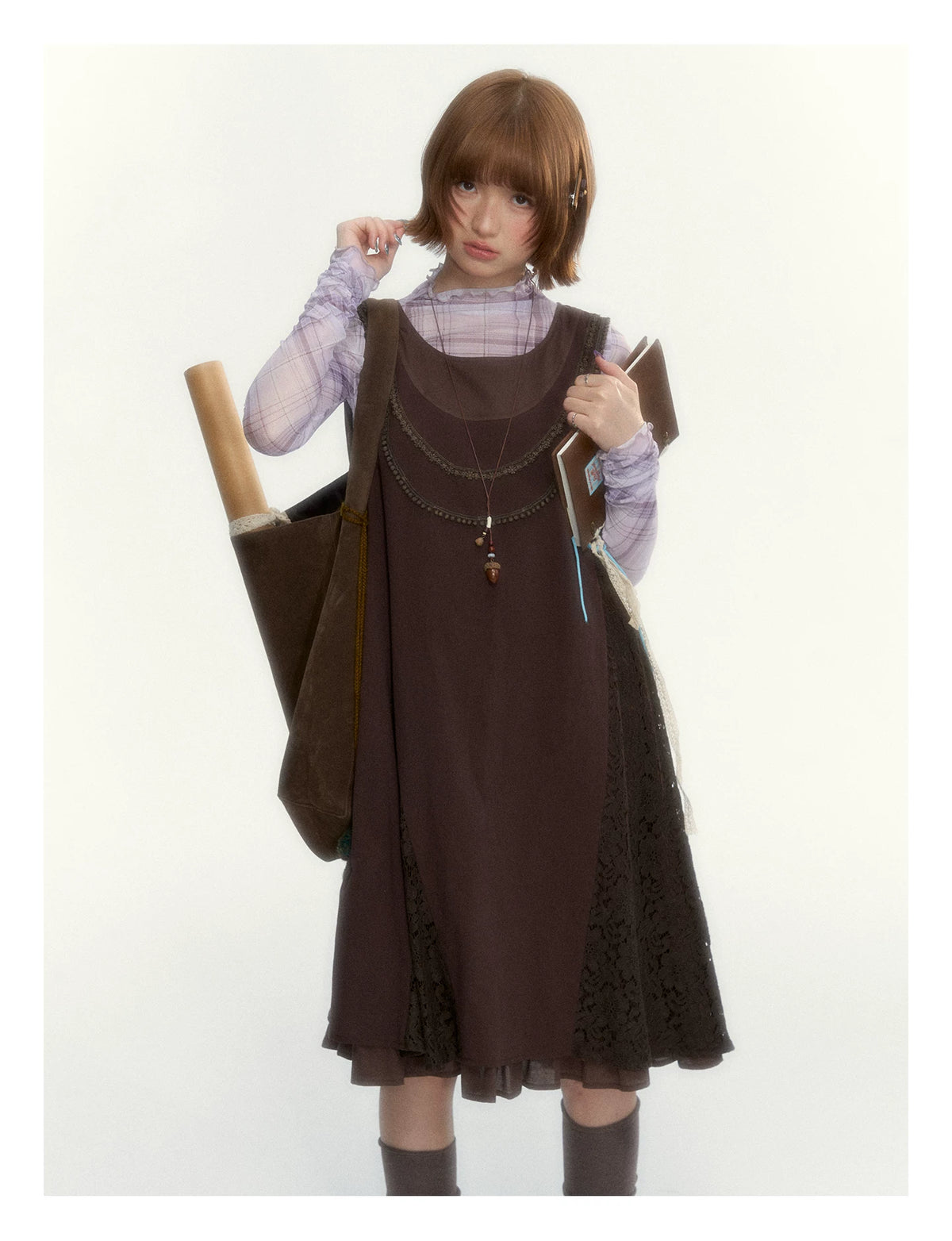 "Caramel Afterglow" Cocoa Brown Lace-Trim A-Line Dress Set with Purple Plaid Layering Top