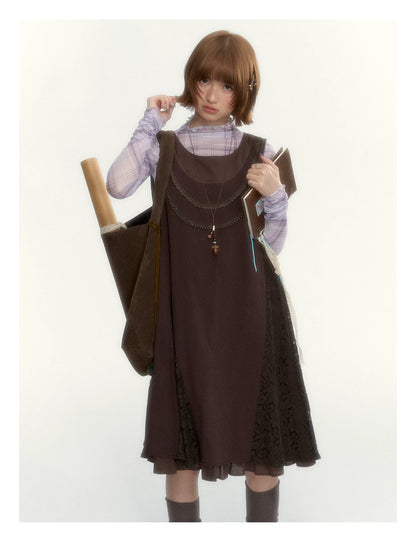 "Caramel Afterglow" Cocoa Brown Lace-Trim A-Line Dress Set with Purple Plaid Layering Top