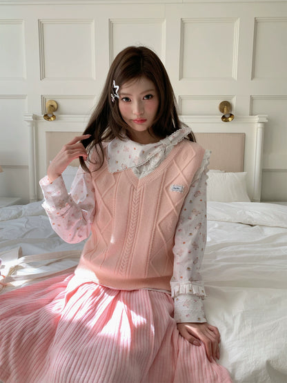 “Pudding Bear Letter” White Teddy Print Lace Blouse
