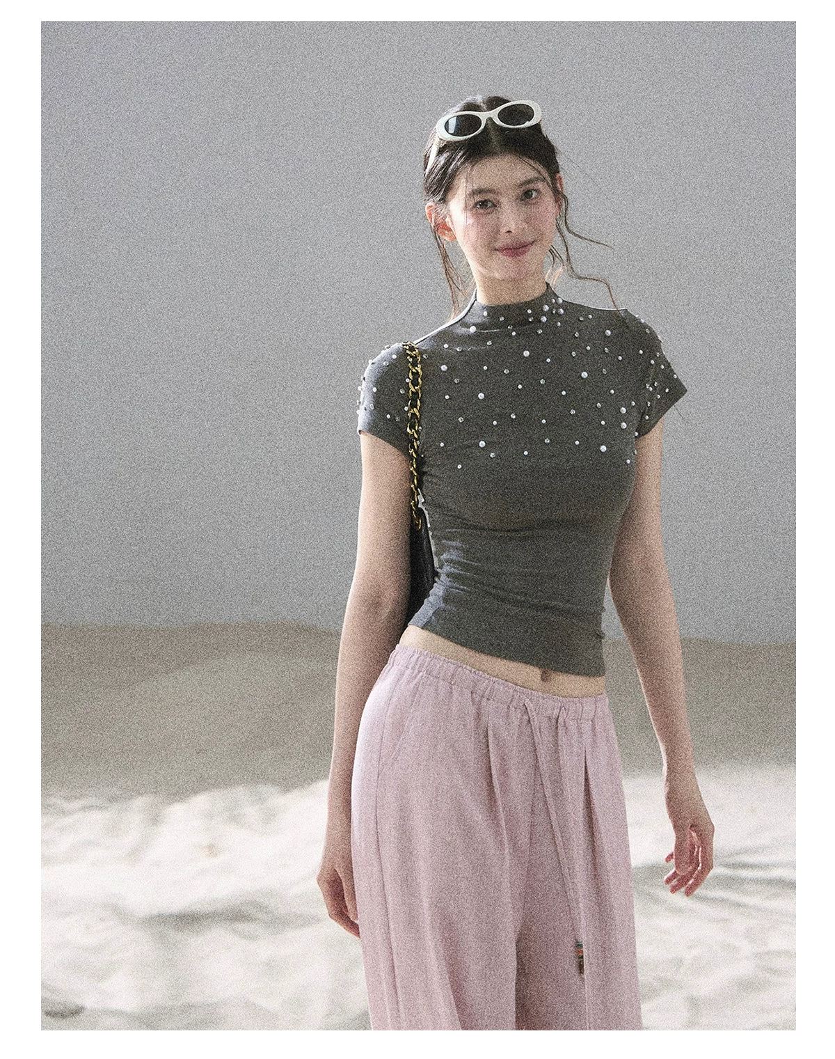"Scattered Across the Milky Way" Pearl Beaded Knit T-Shirt (Haze Blue/ Sage Gray)