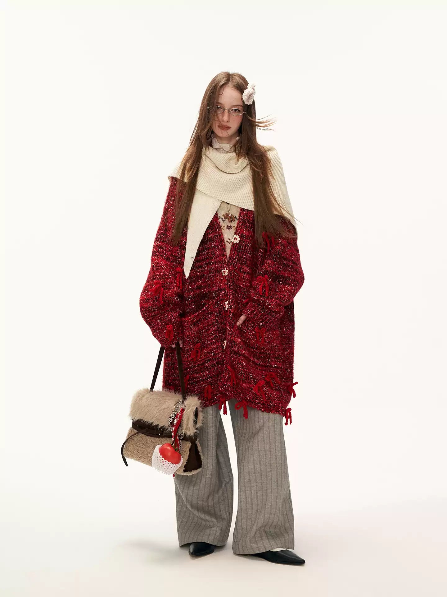 MAMC - Mid-Length Red Bow & Floral Knit Cardigan WE900