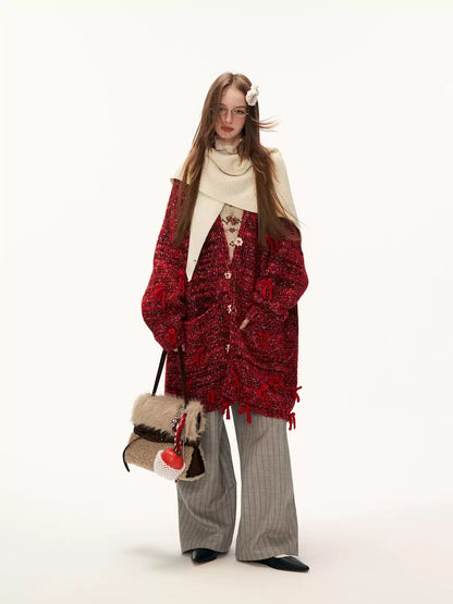 MAMC - Mid-Length Red Bow & Floral Knit Cardigan WE900