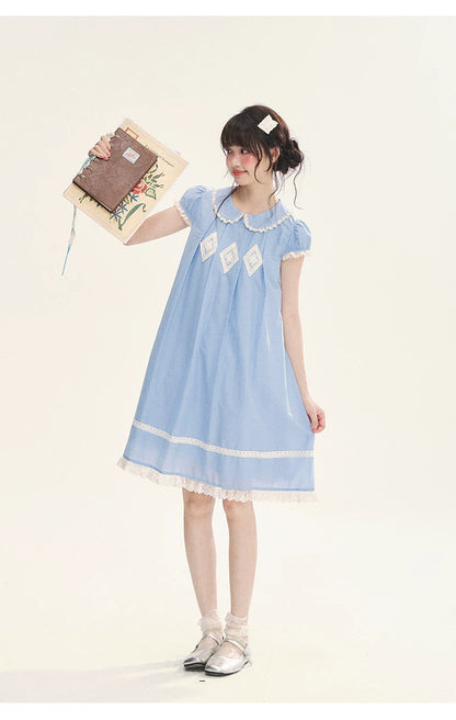 "Sweet Tea Doll" Haze Blue Lace Puff Sleeve Peter Pan Collar A-Line Dress