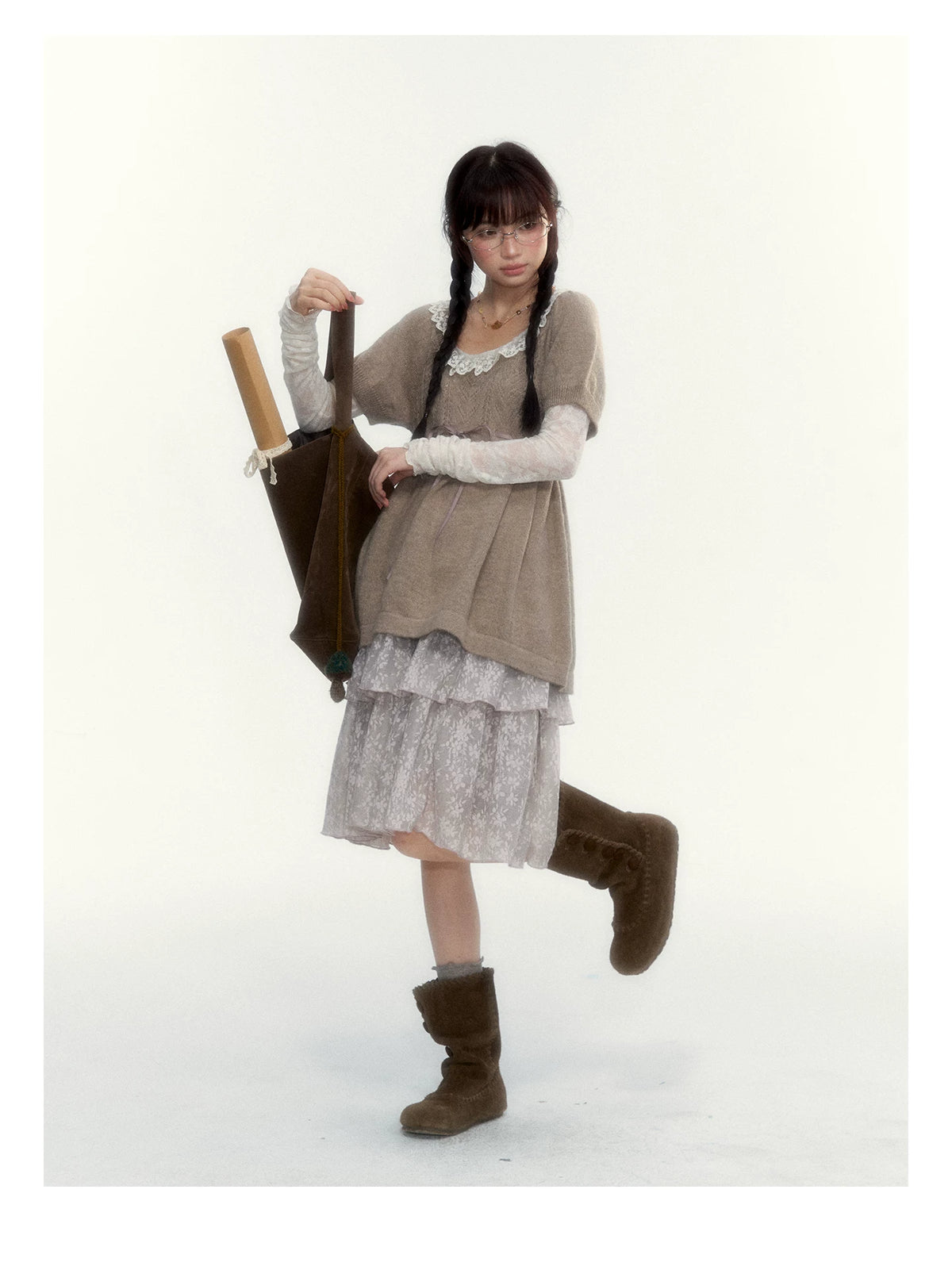 “Cloud Pleats” Chestnut Mist U-Neck Bow-Tie Puff Sleeve Knit Sweater