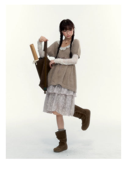 “Cloud Pleats” Chestnut Mist U-Neck Bow-Tie Puff Sleeve Knit Sweater