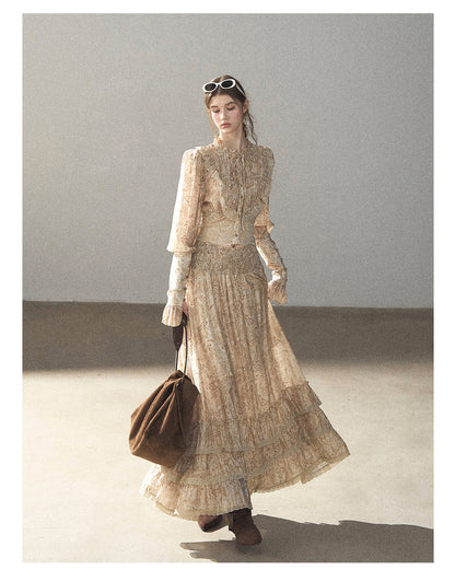 170726 "Growing an Autumn Breeze" Milk Tea Floral Blouse & Maxi Skirt Set