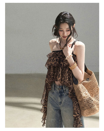"Chasing the Sunset" Chestnut Brown Leopard Halter Ruffle Crop Top