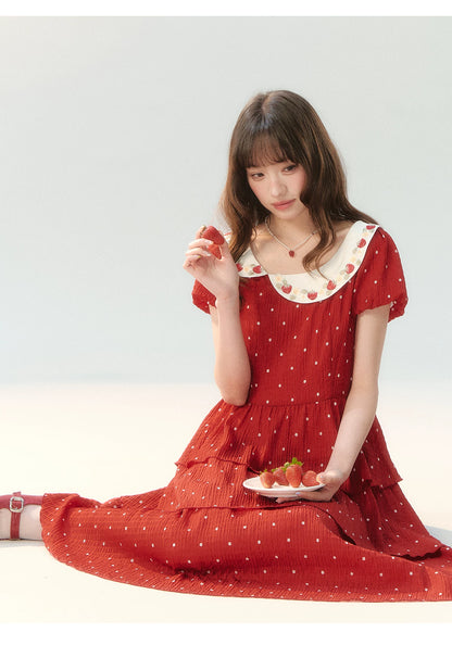 "Strawberry Waltz Letter" Red Tiered Doll Collar Dress LL2026225