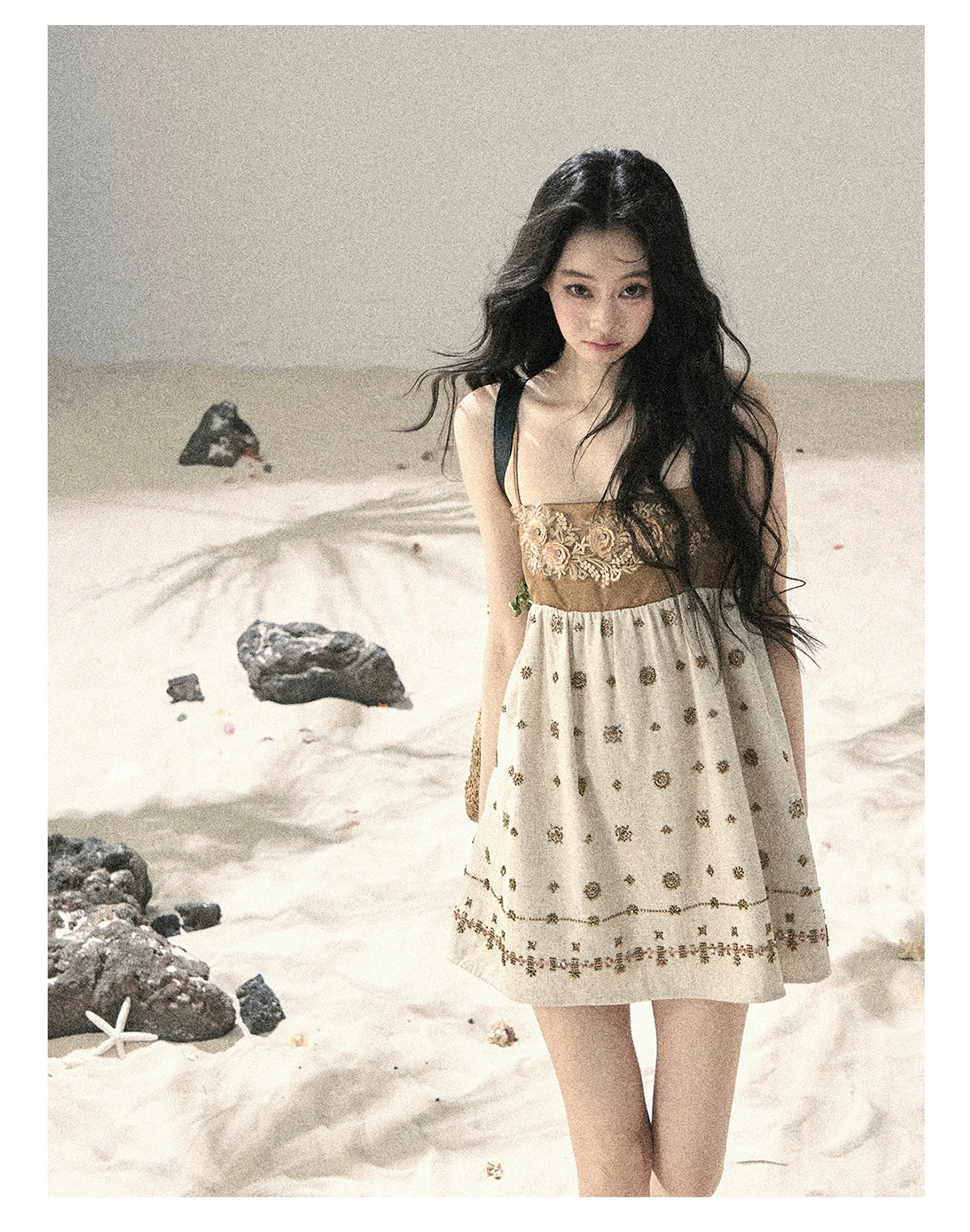"Whispers Through the Wheat Fields" Oat Beige Floral Cami Babydoll Mini Dress