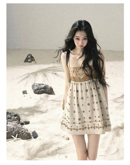 "Whispers Through the Wheat Fields" Oat Beige Floral Cami Babydoll Mini Dress